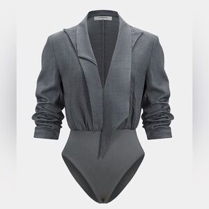 Commense Grey Long Sleeve Blazer Collar Bodysuit size SMALL NWT